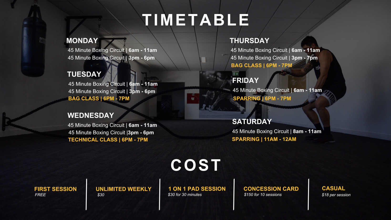 Boxfit Brothers Timetable and cost